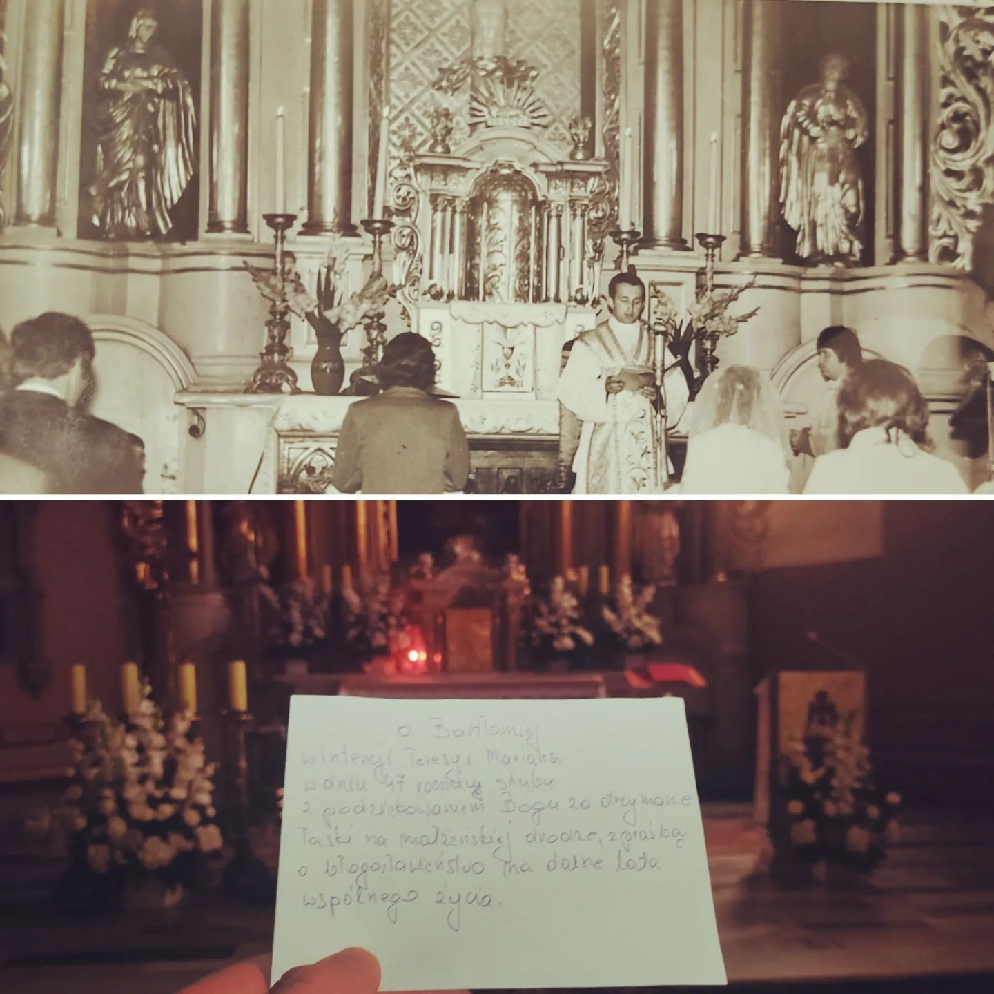 Te zdjęcia różni równe 47 lat. Na pierwszym ślub moich rodziców 26 lipca 1975 roku a na drugim dzisiejsza intencja moja 